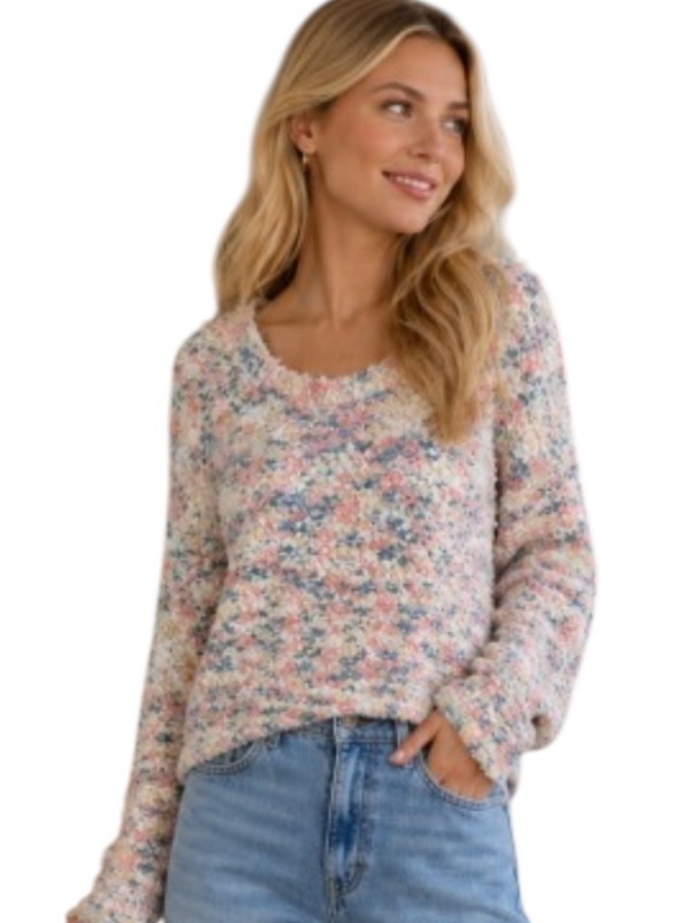 Miracle Blue Pink Ivory Multi Scoop Neck Long Sleeve Knit Sweater